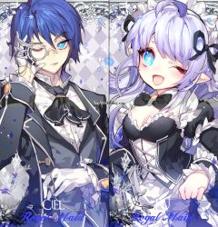 Rule 34 | 1boy, 1girl, ;d, argyle, argyle background, argyle clothes, ascot, black bow, blue eyes, blue hair, bow, bowtie, butler, character name, ciel (elsword), elsword, expressionless, formal, frills, gloves, grey background, hair bow, long hair, looking at viewer, luciela r. sourcream, maid, maid headdress, monocle, one eye closed, open mouth, pika (kai9464), pointy ears, smile, suit, traditional bowtie, upper body, watermark, web address, white gloves, white hair