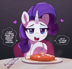 Rule 34 | 1girl, black background, blue eyes, commentary, english commentary, english text, food, fork, heart, horns, knife, looking at viewer, my little pony, my little pony: friendship is magic, open mouth, pabbley, purple hair, rarity (my little pony), simple background, single horn, solo, speech bubble, steak, teeth, unicorn, upper body, upper teeth only