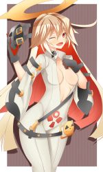 Rule 34 | 1girl, ;), ahoge, albino, arm strap, bad id, bad twitter id, belt, belt buckle, belt skirt, black gloves, blush, bodysuit, breasts, breasts apart, buckle, center opening, cleavage, clenched hand, spiked halo, cowboy shot, from side, gloves, grey background, guilty gear, guilty gear xrd, hair between eyes, halo, hand on own chest, highres, holding, jack-o&#039; valentine, long hair, looking at viewer, mask, unworn mask, multicolored hair, no bra, one eye closed, open mouth, red eyes, red gloves, red hair, shadow, sideboob, simple background, smile, smiley face, snm (sunimi), solo, strap, studded belt, two-tone hair, very long hair, white hair, wide sleeves