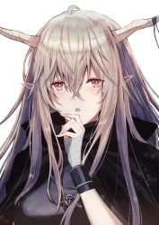 Rule 34 | 1girl, absurdres, alternate eye color, arknights, bandaged hand, bandages, black cloak, cloak, commentary request, grey hair, hair between eyes, hand up, highres, horns, long hair, looking at viewer, open mouth, red eyes, shining (arknights), simple background, solo, upper body, white background, wn (wani-noko)