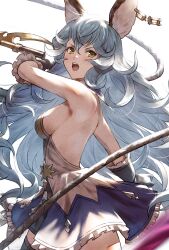 Rule 34 | 1girl, animal ears, backless dress, backless outfit, black gloves, blue dress, blue hair, breasts, dress, erune, fagi (kakikaki), ferry (granblue fantasy), gloves, granblue fantasy, hair between eyes, highres, holding, holding whip, long hair, looking at viewer, medium breasts, open mouth, sideboob, sideless outfit, solo, thighhighs, twisted torso, two-tone dress, wavy hair, white background, white dress, yellow eyes