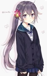 Rule 34 | &gt;:(, 10s, 1girl, ahoge, akebono (kancolle), bell, blush, cardigan, commentary request, cowboy shot, flower, frown, hair bell, hair flower, hair ornament, jingle bell, kantai collection, long hair, long sleeves, looking at viewer, neck ribbon, pantyhose, pleated skirt, purple eyes, purple hair, ribbon, sailor collar, school uniform, serafuku, shijima (sjmr02), side ponytail, skirt, sleeves past wrists, solo, twitter username, v-shaped eyebrows, very long hair