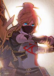 1boy armor arrow_(projectile) artist_name blonde_hair blue_eyes bodysuit bow_(weapon) covered_mouth earrings fingerless_gloves gloves glowing hair_between_eyes hair_bun hair_ornament hair_stick highres holding holding_bow_(weapon) holding_weapon jewelry link looking_at_viewer male_focus mask mouth_mask nintendo official_alternate_costume pointy_ears quiver sidelocks single_hair_bun solo sword the_legend_of_zelda the_legend_of_zelda:_breath_of_the_wild upper_body weapon weapon_on_back xi_yuu