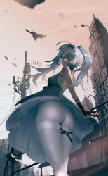 Rule 34 | 1girl, absurdres, ass, breasts, building, cityscape, dress, eyepatch, from below, girls&#039; frontline, grey dress, highres, hs.50 (girls&#039; frontline), long hair, medical eyepatch, outdoors, pantyhose, skyscraper, sleeveless, sleeveless dress, small breasts, solo, standing, thighband pantyhose, twintails, utility pole, white hair, white pantyhose, yellow eyes, yoshimitsu kataha