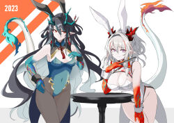 Rule 34 | 2girls, animal ears, arknights, bare legs, bare shoulders, black hair, black pantyhose, blue leotard, breasts, chinese zodiac, cleavage, cleavage cutout, clothing cutout, covered navel, detached collar, dragon horns, dragon tail, dusk (arknights), earrings, flame-tipped tail, hair between eyes, happy new year, highres, horns, jewelry, large breasts, leaning on table, leotard, long hair, multiple girls, new year, nian (arknights), pantyhose, pink eyes, playboy bunny, rabbit ears, red eyes, standing, strapless, strapless leotard, table, tail, white hair, white leotard, wrist cuffs, year of the rabbit, yu-ves