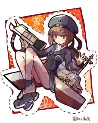Rule 34 | 10011018, 1girl, black neckwear, blue dress, blunt bangs, blush, brown eyes, brown hair, dress, eyelashes, floral print, full body, hair between eyes, hand up, hat, holding, holding weapon, kantai collection, long sleeves, looking at viewer, machinery, open mouth, outline, peaked cap, rigging, sailor collar, sailor dress, sailor hat, shoes, socks, solo, twitter username, weapon, white background, z3 max schultz (kancolle)