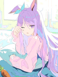 Rule 34 | 1girl, absurdres, animal ears, carrying, drooling, highres, horse ears, ligne claire, long sleeves, looking at viewer, lying, mejiro mcqueen (umamusume), mouth drool, on stomach, one eye closed, open mouth, pillow, purple eyes, purple hair, rubbing eyes, shirt tucked in, solo, umamusume, waking up, wavy mouth, yu yin