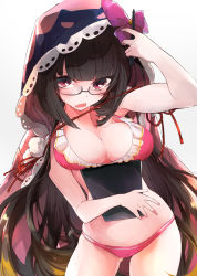 Rule 34 | 1girl, bad id, bad pixiv id, bare arms, bare shoulders, bikini, black hair, breasts, cleavage, collarbone, commentary request, fang, fate/grand order, fate (series), glasses, hat, holding, kazuya0810, large breasts, long hair, looking at viewer, orange hair, osakabehime (fate), pink bikini, red eyes, red ribbon, ribbon, simple background, skin fang, solo, swimsuit, white background