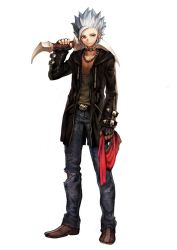 Rule 34 | 1boy, absurdres, beads, belt, belt buckle, buckle, closed mouth, collar, denim, earrings, fingerless gloves, gloves, grey eyes, highres, holding, holding weapon, jacket, jeans, jewelry, jun (navigavi), male focus, necklace, original, pants, short hair, simple background, solo, spiked hair, standing, torn clothes, weapon, white background, white hair