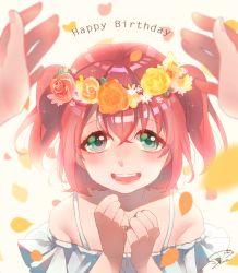 Rule 34 | 10s, 1girl, :d, birthday, clenched hands, crossed bangs, dress, english text, green eyes, hair between eyes, happy birthday, head wreath, kurosawa ruby, looking at viewer, love live!, love live! school idol festival, love live! sunshine!!, open mouth, petals, pov, red hair, shima (mahirooon), short hair, signature, smile, solo focus, two side up, white dress