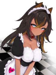 Rule 34 | 1girl, alternate costume, animal ear fluff, apron, black dress, black hair, blue eyes, blush, breasts, brown hair, checkered floor, cleavage, closed mouth, collar, dark-skinned female, dark skin, dehya (genshin impact), dress, enmaided, frilled apron, frills, genshin impact, heart, highres, large breasts, long hair, looking at viewer, maid, maid headdress, multicolored hair, rocha (aloha ro cha), short sleeves, simple background, solo, two-tone hair, v arms, white apron, white background