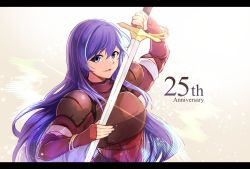 Rule 34 | 1girl, anniversary, armor, blue eyes, blue hair, bracelet, breastplate, caeda (fire emblem), elbow gloves, fingerless gloves, fire emblem, fire emblem: mystery of the emblem, gloves, highres, holding, holding sword, holding weapon, jewelry, letterboxed, long hair, nakabayashi zun, nintendo, parted lips, simple background, solo, sword, upper body, weapon, white background