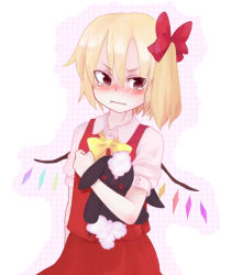 Rule 34 | 1girl, blush, bow, bowtie, carrying, carrying under arm, closed mouth, cowboy shot, crystal, dress, female focus, flandre scarlet, frown, holding hands, looking at viewer, puffy short sleeves, puffy sleeves, red dress, red eyes, sacha, short sleeves, simple background, solo, stuffed animal, stuffed rabbit, stuffed toy, tears, touhou, wavy mouth, white background, wings, yellow bow, yellow bowtie