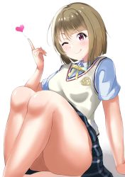Rule 34 | 1girl, ;q, arm support, bare legs, black skirt, blunt bangs, blunt ends, bob cut, brown hair, collared shirt, commentary, heart, highres, index finger raised, knees, knees up, legs, light blush, light brown hair, looking at viewer, love live!, love live! nijigasaki high school idol club, miniskirt, momouninego, nakasu kasumi, neck ribbon, nijigasaki academy school uniform, one eye closed, pink eyes, plaid, plaid skirt, ribbon, school uniform, shirt, short hair, short sleeves, simple background, sitting, skirt, solo, summer uniform, tongue, tongue out, triangle mouth, v-shaped eyebrows, vest, white background, white shirt, yellow ribbon, yellow vest