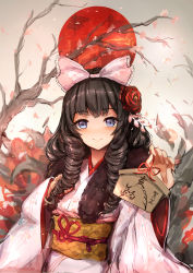 Rule 34 | 1girl, absurdres, black hair, blue eyes, blush, bow, branch, cherry blossoms, closed mouth, commentary request, drill hair, ema, flower, girls&#039; frontline, hair flower, hair ornament, hair ribbon, hand on own chest, hands up, highres, holding, howa type 64 (girls&#039; frontline), howa type 64 (new year wish) (girls&#039; frontline), japanese clothes, japanese flag, kimono, long hair, obi, official alternate costume, petals, pink bow, pink kimono, ribbon, sash, sidelocks, smile, solo, tree, trrcmb, upper body