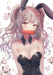 Rule 34 | 1girl, ahoge, animal ears, armpit crease, arms at sides, bad id, bad pixiv id, bare shoulders, black collar, black leotard, blush, breasts, brown hair, carrot, cleavage, collar, collarbone, commentary, commentary request, covered mouth, covered navel, detached collar, fake animal ears, flower, frilled collar, frills, leotard, long hair, looking at viewer, medium breasts, mouth hold, original, ozzingo, playboy bunny, rabbit ears, red eyes, revision, sidelocks, simple background, solo, strapless, strapless leotard, symbol-only commentary, tareme, two side up, upper body, wavy hair, white background, wing collar