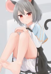 Rule 34 | 1girl, animal ears, barefoot, bloomers, blue capelet, blush, capelet, collared shirt, commentary request, dakuazu, dress, expressionless, foot out of frame, grey dress, grey hair, highres, long sleeves, looking at viewer, mouse ears, mouse girl, mouse tail, nazrin, paid reward available, red eyes, shirt, short hair, soles, solo, tail, toes, touhou, underwear, white bloomers, white shirt
