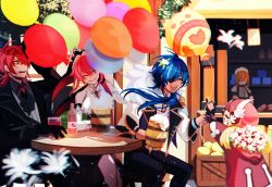Rule 34 | 2boys, 3girls, :d, ;d, ^ ^, ahoge, alcohol, balloon, beer, beer mug, black gloves, black hair, blonde hair, brown hair, cabbie hat, chair, closed eyes, coat, commentary, cup, detached sleeves, diluc (genshin impact), dual wielding, enpitsu01, eyepatch, eyes visible through hair, fingerless gloves, flower, fur scarf, genshin impact, giving, gloves, hair between eyes, hat, holding, holding cup, hood, hooded coat, jumpy dumpty, kaeya (genshin impact), klee (genshin impact), long hair, looking at another, low twintails, maid, maid headdress, mug, multiple boys, multiple girls, necktie, nun, one eye closed, open mouth, pointy ears, red coat, red eyes, red hair, red headwear, rosaria (genshin impact), sara (genshin impact), short hair, sidelocks, sitting, smile, sweat, table, twintails, veil, wooden box, wooden cup