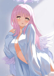 Rule 34 | 1girl, absurdres, angel wings, blue archive, blush, breasts, collarbone, commentary request, feza chen (ushaku), halo, highres, large breasts, long hair, looking at viewer, low wings, mika (blue archive), oversized clothes, oversized shirt, pink hair, shirt, solo, white shirt, white wings, wings, yellow eyes