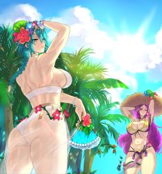 Rule 34 | 2girls, absurdres, armlet, arms behind head, arms up, artist request, ass, bare shoulders, beach, bikini, braid, braided ponytail, breasts, circlet, cleavage, cloud, fire emblem, fire emblem heroes, flower, gold trim, green hair, hair ornament, hand fan, hat, highres, holding, jewelry, large breasts, linea alba, lips, loki (fire emblem), long hair, looking at viewer, looking back, multiple girls, n ah n, navel, nintendo, one eye closed, open mouth, palm tree, purple bikini, purple eyes, purple hair, sarong, see-through sarong, shell hair ornament, siblings, sideboob, single braid, sisters, smile, straw hat, sun, sun hat, sunlight, sweat, swimsuit, thighs, thorr (fire emblem), tree, tropical, white bikini, yellow eyes