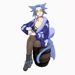 Rule 34 | animal ears, black pantyhose, blue hair, blue kimono, bra, breasts, cat ears, cat tail, choker, commission, crossed legs, facial mark, final fantasy, final fantasy xiv, glasses, jamjamstyle, japanese clothes, kimono, medium breasts, multicolored hair, pantyhose, red eyes, semi-rimless eyewear, short hair, sitting, tail, two-tone hair, underwear, warrior of light (ff14), white background