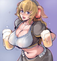 Rule 34 | 1girl, alcohol, animal ears, barmaid, beer, beer mug, blonde hair, blush, breasts, cleavage, collarbone, cup, daiginjou, dirndl, dog ears, futaba channel, german clothes, headdress, jewelry, lantern, large breasts, midriff, mug, navel, oktoberfest, open mouth, pendant, purple eyes, solo, traditional clothes, tsuda nanafushi, underbust, wet, wet clothes