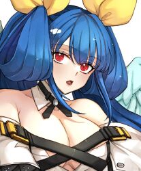Rule 34 | 1girl, angel wings, asymmetrical wings, bare shoulders, belt, blue hair, breasts, choker, cleavage, clothing cutout, collarbone, detached collar, detached sleeves, dizzy (guilty gear), ebi pri shrimp, guilty gear, guilty gear xrd, hair between eyes, hair ribbon, hair rings, large breasts, long hair, looking at viewer, mature female, open mouth, red eyes, ribbon, shaded face, sidelocks, solo, twintails, upper body, wings, yellow ribbon