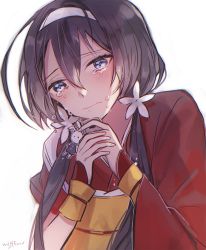 Rule 34 | 10s, 1girl, bad id, bad twitter id, blue eyes, blue hair, bungou stray dogs, cellphone, cellphone charm, charm (object), crying, crying with eyes open, ecru, hair ornament, hairband, izumi kyouka (bungou stray dogs), japanese clothes, kimono, phone, red kimono, solo, tears, wrist wrap
