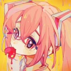 Rule 34 | blush stickers, dot nose, eyebrows hidden by hair, hair between eyes, hatsune miku, heart, heart in mouth, highres, looking at viewer, melting, pink eyes, pink hair, suuroku, twintails, upper body, yellow background