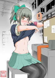 Rule 34 | !, 10s, 1girl, blunt bangs, blush, breasts, brown eyes, bulletin board, ceiling, clothes lift, commentary request, desk, eyebrows, folded ponytail, green hair, highres, kantai collection, looking at viewer, navel, unworn neckerchief, no bra, open mouth, pantyhose, pleated skirt, school uniform, serafuku, shirt lift, short sleeves, sitting, skirt, solo, stool, underboob, window, workshop, wrench, wrist cuffs, yano toshinori, yuubari (kancolle)