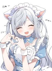 Rule 34 | 1girl, absurdres, animal ears, apron, closed eyes, commentary request, fake animal ears, fang, grey hair, hazuki (mechiru), heart, heart hands, highres, inuyayo, long hair, maid, maid apron, maid headdress, original, simple background, smile, solo, translation request, upper body, white background