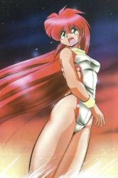Rule 34 | 1girl, breasts, green eyes, leotard, long hair, medium breasts, open mouth, red hair, sideboob, silbuster, sky, solo, star (sky), starry sky, thighs