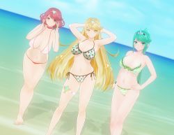 Rule 34 | 3d, 3girls, absurdres, aliasing, arm on waist, armpits, arms behind back, beach, bikini, blonde hair, blush, breasts, cheering, cleavage, closed mouth, custom maid 3d 2, green eyes, green hair, highres, large breasts, long hair, looking at viewer, multiple girls, mythra (xenoblade), navel, nintendo, ocean, open mouth, pneuma (xenoblade), ponytail, pyra (xenoblade), red eyes, red hair, sand, short hair, shy, sky, smile, standing, swimsuit, towel, triple persona, underboob, very long hair, water, xenoblade chronicles (series), xenoblade chronicles 2, yellow eyes