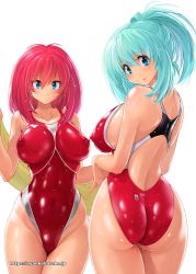 Rule 34 | 2girls, aqua eyes, aqua hair, arena (company), ass, breasts, cleft of venus, competition swimsuit, covered erect nipples, cowboy shot, curvy, from behind, highleg, highleg swimsuit, hip focus, large breasts, long hair, looking at viewer, multiple girls, nyanko batake, one-piece swimsuit, original, ponytail, red hair, red one-piece swimsuit, simple background, swimsuit, thighs, towel, watermark, web address, wet, wet clothes, white background, wide hips, yellow towel