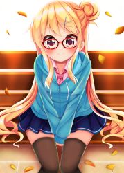 Rule 34 | 1girl, bench, bespectacled, between legs, black thighhighs, blue hoodie, blue skirt, blush, breasts, checkered clothes, checkered neckwear, closed mouth, collared shirt, glasses, hair between eyes, hair bun, hair ornament, hand between legs, highres, hood, hoodie, kin-iro mosaic, kujou karen, leaf, long hair, looking at viewer, medium breasts, minato ojitan, pink eyes, pink shirt, pleated skirt, red-framed eyewear, shirt, single hair bun, single side bun, sitting, skirt, sleeves past wrists, smile, solo, thighhighs, v arms, very long hair, white background, wing collar, x hair ornament