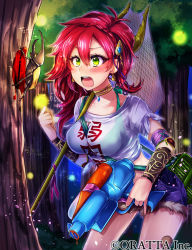 Rule 34 | 1girl, beetle, between breasts, bikini, bikini top only, bikini under clothes, blush, braid, breasts, bug, choker, clothes writing, firefly, forest, green bikini, green eyes, hair between eyes, hair ornament, bug, long hair, momohime ryouran! sengoku asuka, nanase chiori, nature, official art, open mouth, original, red hair, see-through, shorts, shoulder pads, solo, surprised, swimsuit, tree, water gun