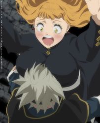 Rule 34 | 1boy, 1girl, asta (black clover), black capelet, black clover, black dress, blush, breast smother, breasts, capelet, cleavage, colorized, dress, earrings, face to breasts, green eyes, highres, jewelry, large breasts, long sleeves, mimosa vermillion, narutorenegado01, open mouth, orange hair, white hair, wide-eyed