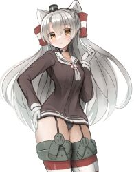 Rule 34 | 1girl, amatsukaze (kancolle), black panties, brown dress, brown eyes, choker, dress, garter straps, gloves, grey hair, grey neckerchief, hair tubes, hat, highres, kantai collection, lifebuoy ornament, long hair, looking at viewer, mini hat, neckerchief, one-hour drawing challenge, panties, red thighhighs, redundant-cat, sailor dress, short dress, simple background, smokestack hair ornament, solo, striped clothes, striped thighhighs, thighhighs, two side up, underwear, white background, white gloves