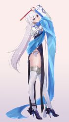 Rule 34 | 1girl, absurdres, azur lane, belfast (azur lane), belfast (iridescent rosa) (azur lane), belfast (iridescent rosa) (azur lane), blue dress, blue eyes, blue footwear, blush, breasts, china dress, chinese clothes, closed mouth, commentary, dress, earrings, folded fan, folding fan, full body, gradient background, hand fan, high heels, highres, hip vent, holding, holding fan, jewelry, long hair, looking at viewer, marumai, medium breasts, panties, panty straps, pelvic curtain, pink background, purple background, see-through, shawl, side-tie panties, silver hair, simple background, smile, solo, standing, straight hair, tachi-e, thighhighs, thighs, underwear, very long hair, white thighhighs