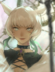 Rule 34 | 1girl, animal ears, black choker, blue eyes, blurry, blurry background, brooch, cat ears, choker, facial mark, feather hair ornament, feathers, final fantasy, final fantasy xiv, gem, hair ornament, jewelry, looking at viewer, miqo&#039;te, neck tattoo, portrait, purple gemstone, second (byou), short hair, slit pupils, smile, solo, straight-on, tattoo, white hair, y&#039;shtola rhul