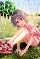 Rule 34 | 1girl, :d, absurdres, baocaizi, brown eyes, collarbone, commentary request, day, goal, grey hair, hair between eyes, highres, idolmaster, idolmaster cinderella girls, knees up, leaning forward, nike (company), on grass, open mouth, otokura yuuki, outdoors, pink shirt, pink socks, red footwear, shirt, shoes, short hair, short shorts, short sleeves, shorts, sitting, smile, socks, solo, striped, tree