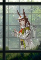Rule 34 | 1girl, amiya (arknights), amiya (planter) (arknights), animal ears, arknights, backpack, bag, baseball cap, blue eyes, blush, brown hair, closed mouth, coat, cowboy shot, ears through headwear, from side, hat, high collar, indoors, long hair, long sleeves, looking at viewer, looking to the side, mlcc 3190969461, neckerchief, official alternate costume, open clothes, open coat, ponytail, rabbit ears, red neckerchief, shirt, sidelocks, sleeves past wrists, solo, white coat, white hat, white shirt, window