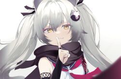 Rule 34 | 1girl, :3, absurdres, animal ears, black scarf, blue archive, bridal gauntlets, closed mouth, grey hair, hair ribbon, highres, kuji-in, long hair, looking at viewer, michiru (blue archive), neckerchief, pink neckerchief, portrait, raccoon ears, raccoon hair ornament, ribbon, scarf, simple background, sleeveless, solo, twintails, white background, yellow eyes, zapik
