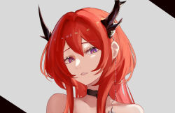 Rule 34 | 1girl, arknights, bare shoulders, black choker, choker, commentary request, gak (nknr8773), grey background, head tilt, horns, long hair, looking at viewer, parted lips, portrait, purple eyes, red hair, solo, surtr (arknights)