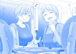 Rule 34 | 2boys, 2girls, apron, blue theme, blush, bottle, breasts, choko (cup), clock, commentary request, cup, drunk, father and daughter, father and son, fish (food), food, full-face blush, getsuyoubi no tawawa, gimai-chan&#039;s stepbrother (tawawa), gimai-chan (tawawa), glasses, half-closed eyes, highres, himura kiseki, large breasts, mother and daughter, mother and son, multiple boys, multiple girls, musical note, open mouth, sake bottle, sashimi, short hair, spoken musical note, squeans