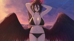 Rule 34 | 1girl, adjusting hair, alternate costume, bikini, black bikini, black choker, black hair, black wings, blue archive, blue sky, breasts, choker, cleavage, collarbone, commentary request, cowboy shot, double-parted bangs, feathered wings, gradient sky, hair between eyes, halo, hasumi (blue archive), highres, huge breasts, looking at viewer, low wings, midriff, mole, mole under eye, mountainous horizon, navel, nhaliz, ocean, orange sky, outdoors, ponytail, red eyes, red halo, sky, smile, solo, sunset, swimsuit, wide hips, wings