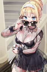 Rule 34 | 1girl, :o, absurdres, ayaoshiro, bag, bead bracelet, beads, black bow, black dress, blonde hair, blue eyes, blush, bow, bracelet, breasts, cleavage, collarbone, commentary request, cowboy shot, dress, hair bun, handbag, highres, holding, holding bag, hololive, hololive english, indoors, jewelry, large breasts, mole, mole on breast, open mouth, see-through, short hair, single hair bun, solo, sunglasses, thigh strap, tiara, virtual youtuber, watson amelia, watson amelia (party dress)