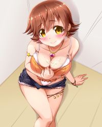 Rule 34 | 10s, 1girl, arm support, armlet, bikini, bikini under clothes, breasts, brown eyes, brown hair, cleavage, collarbone, cum, cum on body, cum on breasts, cum on upper body, cutoffs, earrings, heart, heart necklace, highres, honda mio, idolmaster, idolmaster cinderella girls, jewelry, looking at viewer, necklace, nekono matatabi, o-ring, o-ring bottom, o-ring top, open fly, pulling own clothes, short hair, short shorts, shorts, smile, solo, star (symbol), star earrings, swimsuit, swimsuit under clothes, unzipped