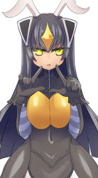 Rule 34 | 1girl, antennae, black dress, black gloves, black hair, breasts, dress, covered erect nipples, gloves, highres, large breasts, long hair, looking at viewer, parted lips, personification, simple background, solo, sumiyao (amam), ultra kaijuu gijinka keikaku, ultraman (1st series), white background, yellow eyes, zetton