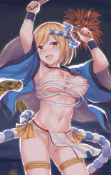 Rule 34 | 10s, :d, armpits, arms up, blonde hair, blush, breasts, cai geng, commentary request, cowboy shot, djeeta (granblue fantasy), drum master (granblue fantasy), drumsticks, fireworks, fundoshi, granblue fantasy, hachimaki, happi, headband, highres, japanese clothes, jewelry, legs apart, loincloth, looking at viewer, medium breasts, navel, necklace, nejiri hachimaki, night, nipples, open mouth, pelvic curtain, short hair, smile, solo, sparkle, standing, star (symbol), sweat, wardrobe malfunction, yellow eyes